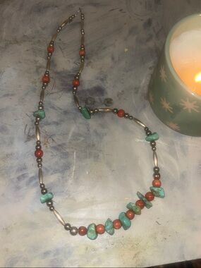 Vintage Native American Turquoise Chip & Coral Bead Necklace with Silver Accents
